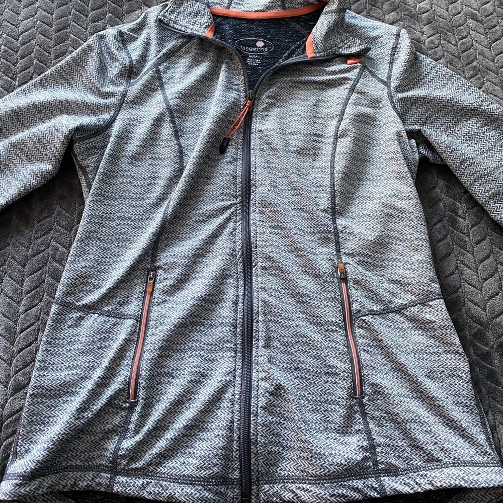 Zip up hoodie grey and coral color.